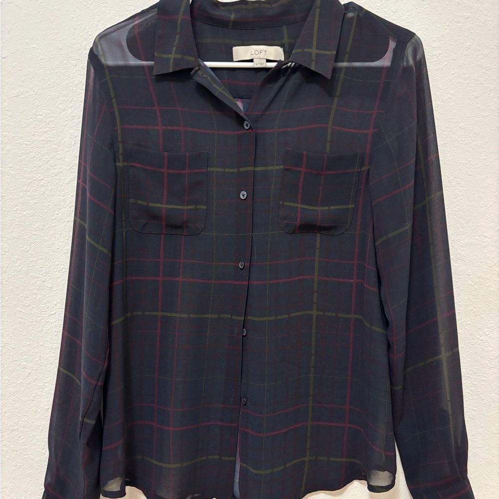 LOFT Plaid Sheer Button-Up Blouse